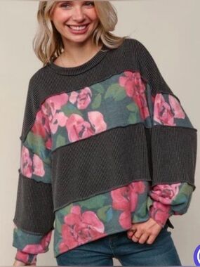 Haptics Floral Stripe Ribbed Pullover Sweater - Pink/Gray Sz S